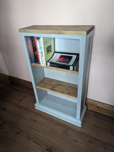 small painted bookcase with pine shelves