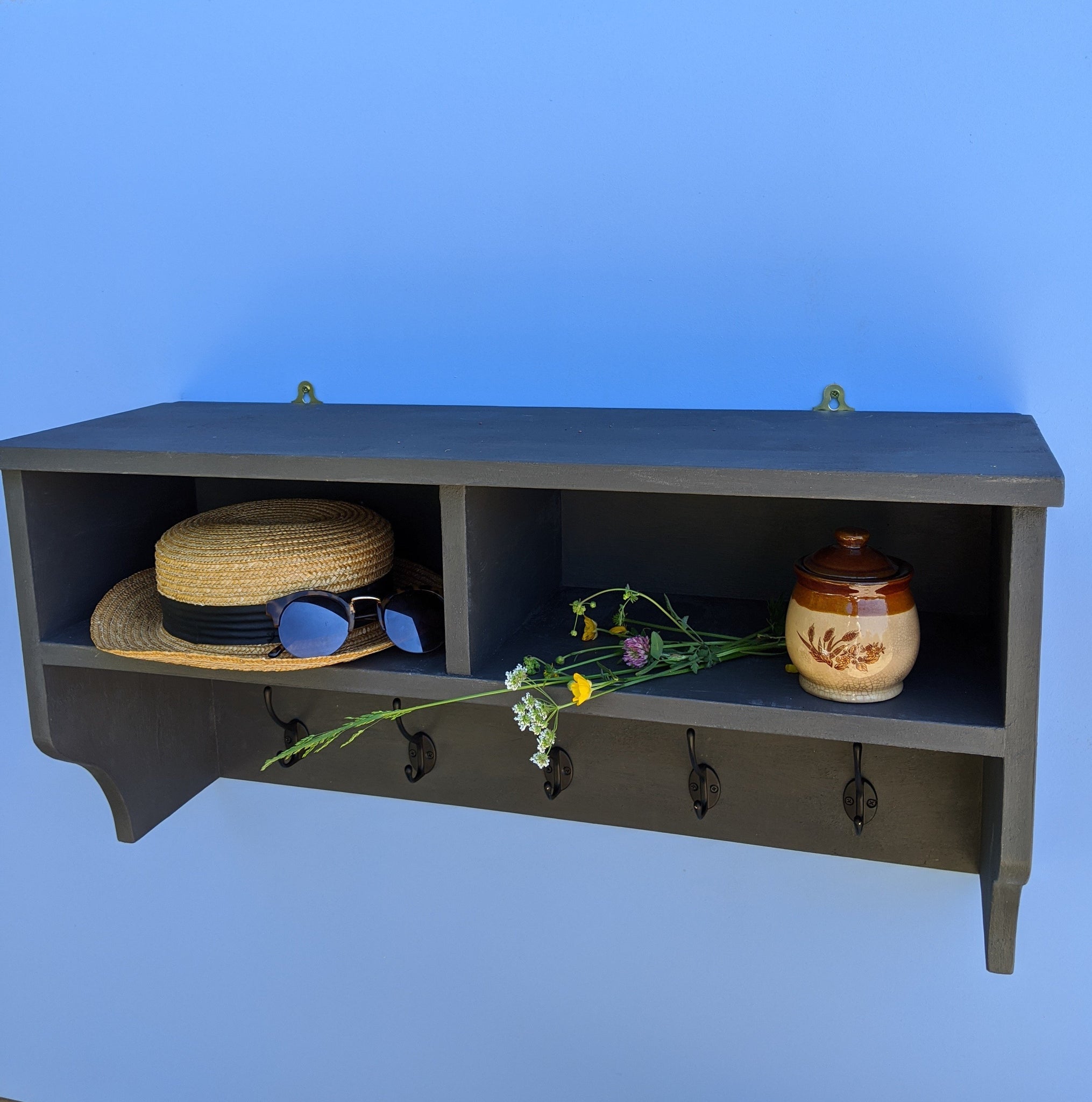 Coat rack with cubby shelves
