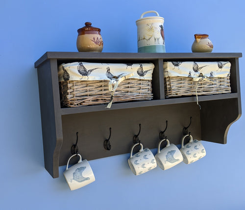 Mug rack with lined wicker storage baskets - FurniturefromtheOaks