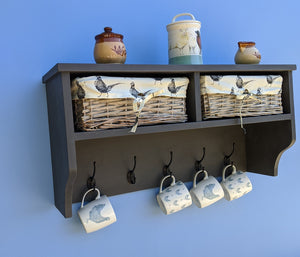 Mug rack with lined wicker storage baskets - FurniturefromtheOaks